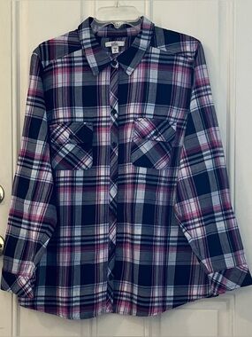 Croft & Barrow Women’s Navy Blue /Fuchsia  Button DownShirt-1X